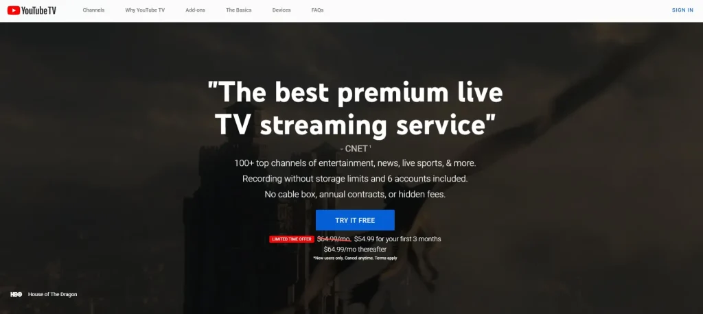 YouTube TV 사이트에서 TRY IT FREE 버튼을 클릭합니다.